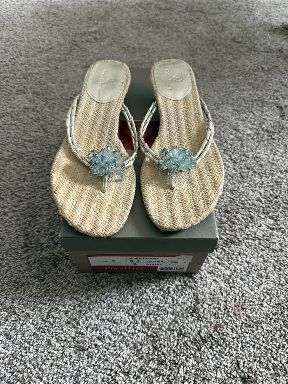 Cole Haan Natural Woven Thong Sandals w/ Gold Straps Light Blue  Flower